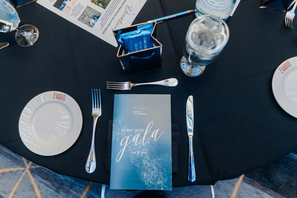 Set up of dining plates at a fundraising gala